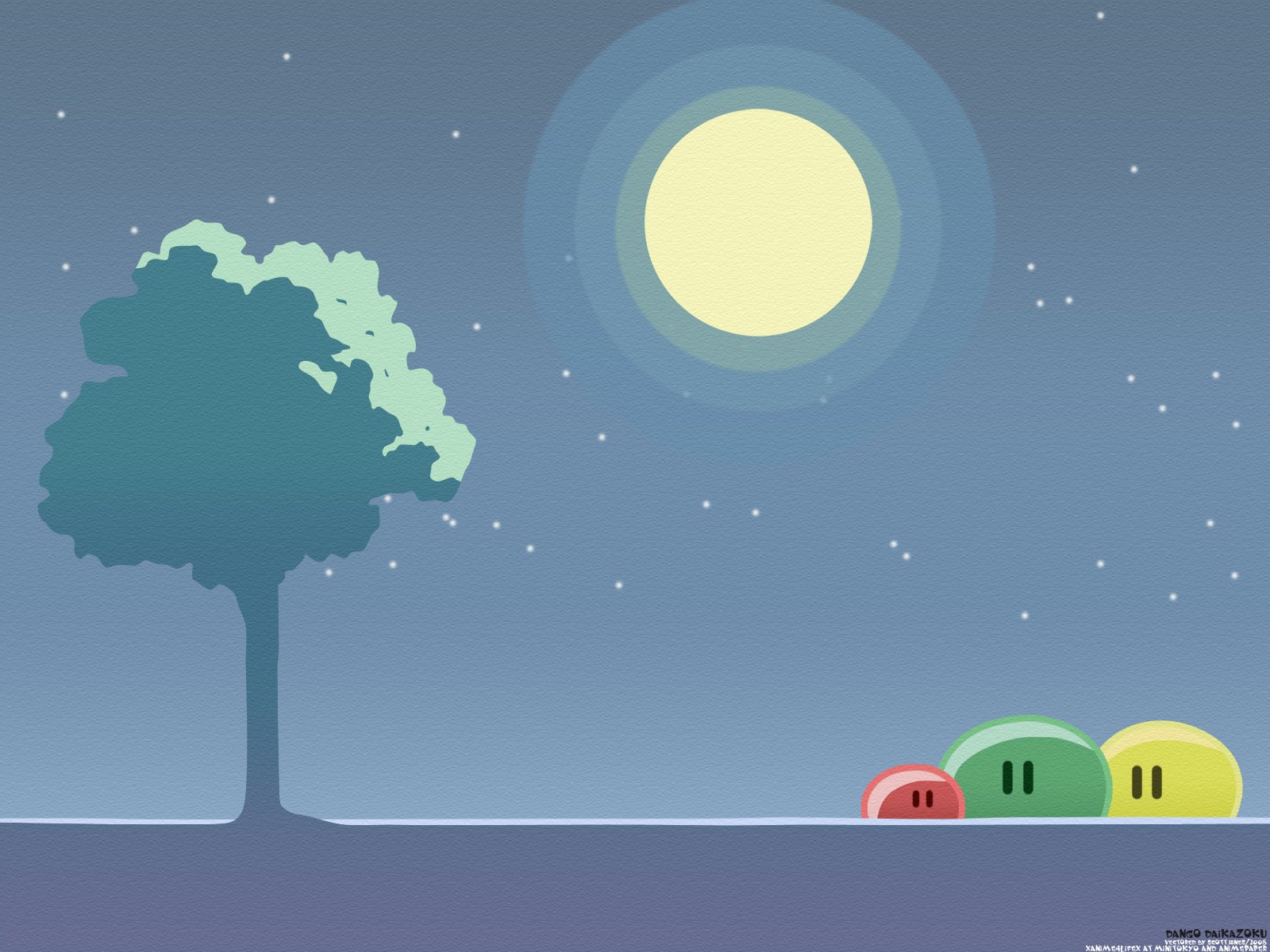 HD anime desktop wallpaper featuring dango characters from Clannad under a full moon and starry night sky beside a tree.