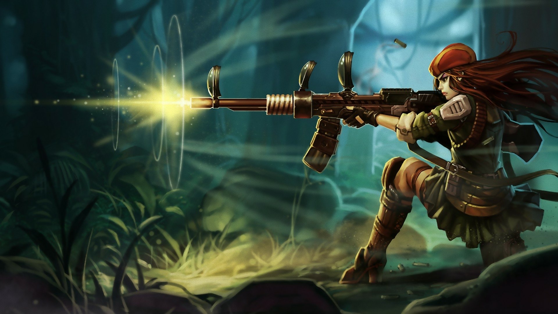 Caitlyn from League of Legends aims her rifle in a vibrant, atmospheric backdrop, showcasing her character in this HD PC desktop wallpaper.