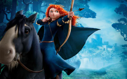 2K Quad HD PC desktop wallpaper, Brave (movie): red-haired Merida in a blue dress on horseback, drawing her bow against a misty Scottish landscape.
