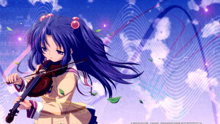 A vibrant HD wallpaper featuring Kotomi Ichinose from the anime Clannad, gracefully playing the violin amidst swirling leaves and a dreamy background.