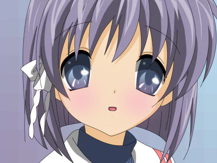 Close-up HD PC desktop wallpaper of a Clannad anime girl: wide glossy blue eyes, soft purple hair tied with white ribbons, a light blush and calm, neutral expression on a pale background.
