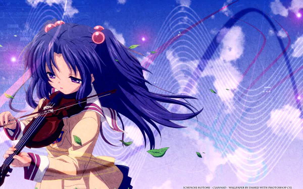 A vibrant HD wallpaper featuring Kotomi Ichinose from the anime Clannad, gracefully playing the violin amidst swirling leaves and a dreamy background.