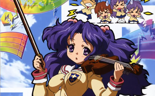 Kotomi Ichinose (Clannad) playing violin in school uniform, purple hair and vibrant musical notes against a blue sky — HD PC desktop wallpaper/background, anime.