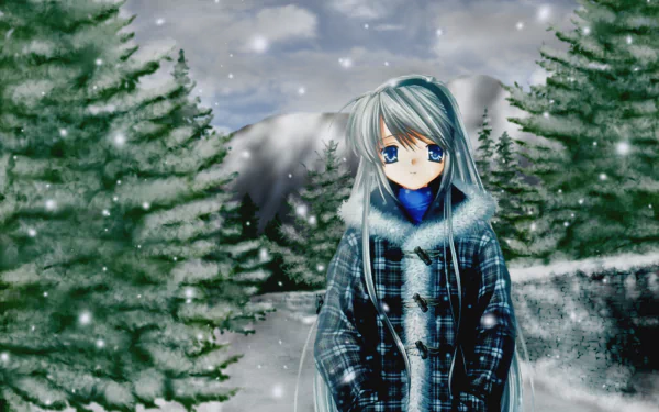 HD PC desktop wallpaper featuring an anime character from Clannad standing in a snowy forest with mountains in the background.