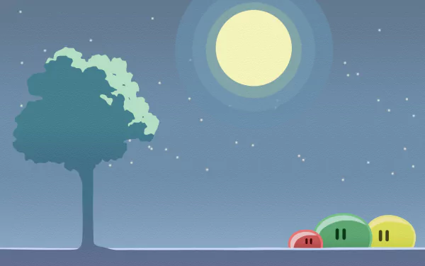 HD anime desktop wallpaper featuring dango characters from Clannad under a full moon and starry night sky beside a tree.