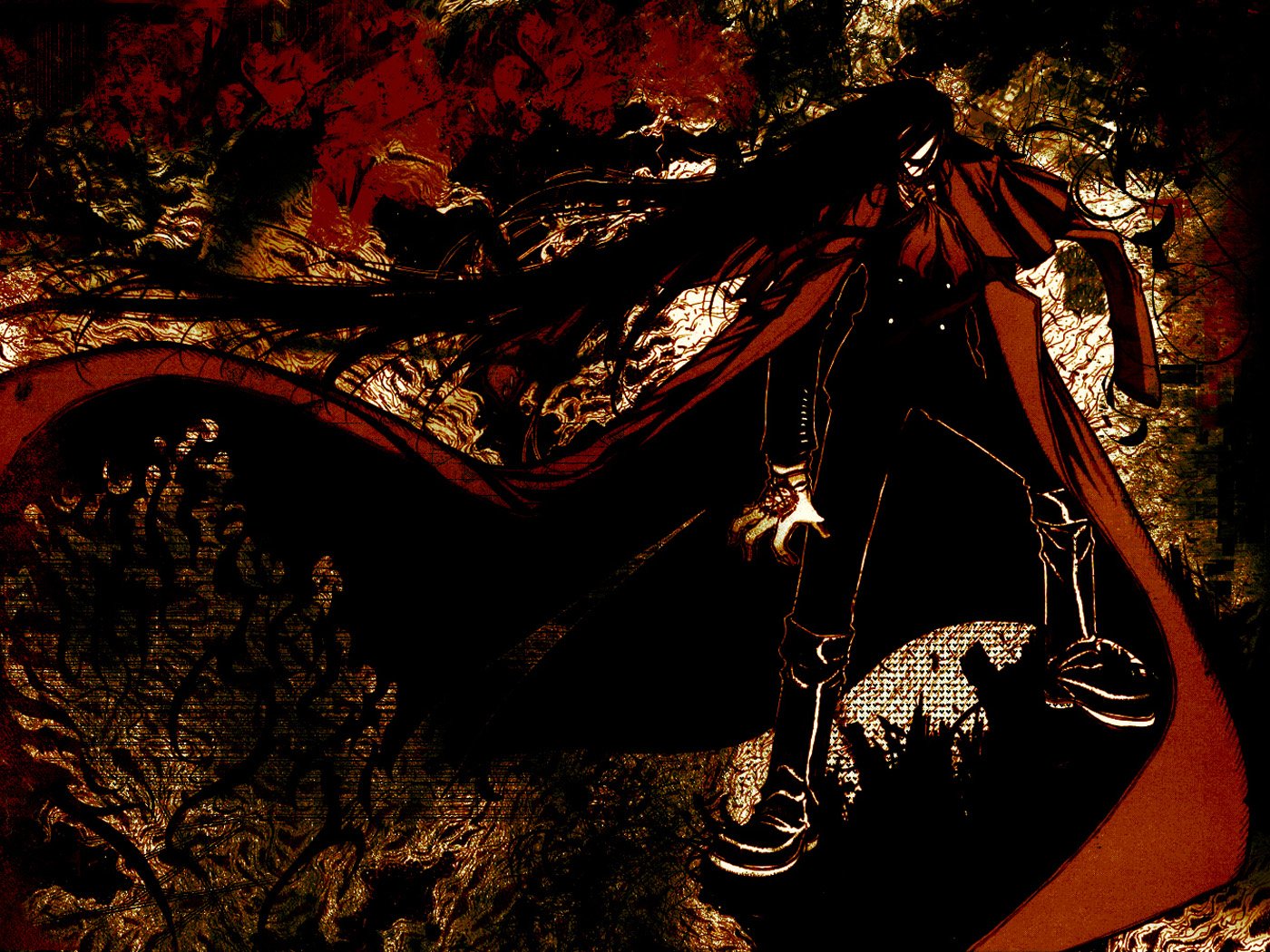 HD anime desktop wallpaper featuring a dark, dramatic scene from Hellsing, showcasing a cloaked character with a striking red cape against a textured, ominous background.