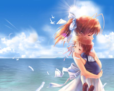 Ushio Okazaki and Nagisa Furukawa embrace against a serene beach backdrop in this vivid Clannad anime wallpaper, capturing a moment of love and warmth.