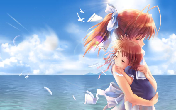 Ushio Okazaki and Nagisa Furukawa embrace against a serene beach backdrop in this vivid Clannad anime wallpaper, capturing a moment of love and warmth.