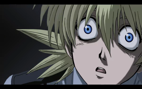 Close-up HD anime wallpaper of Seras Victoria from Hellsing, showcasing her wide blue eyes and shocked expression against a dark background.