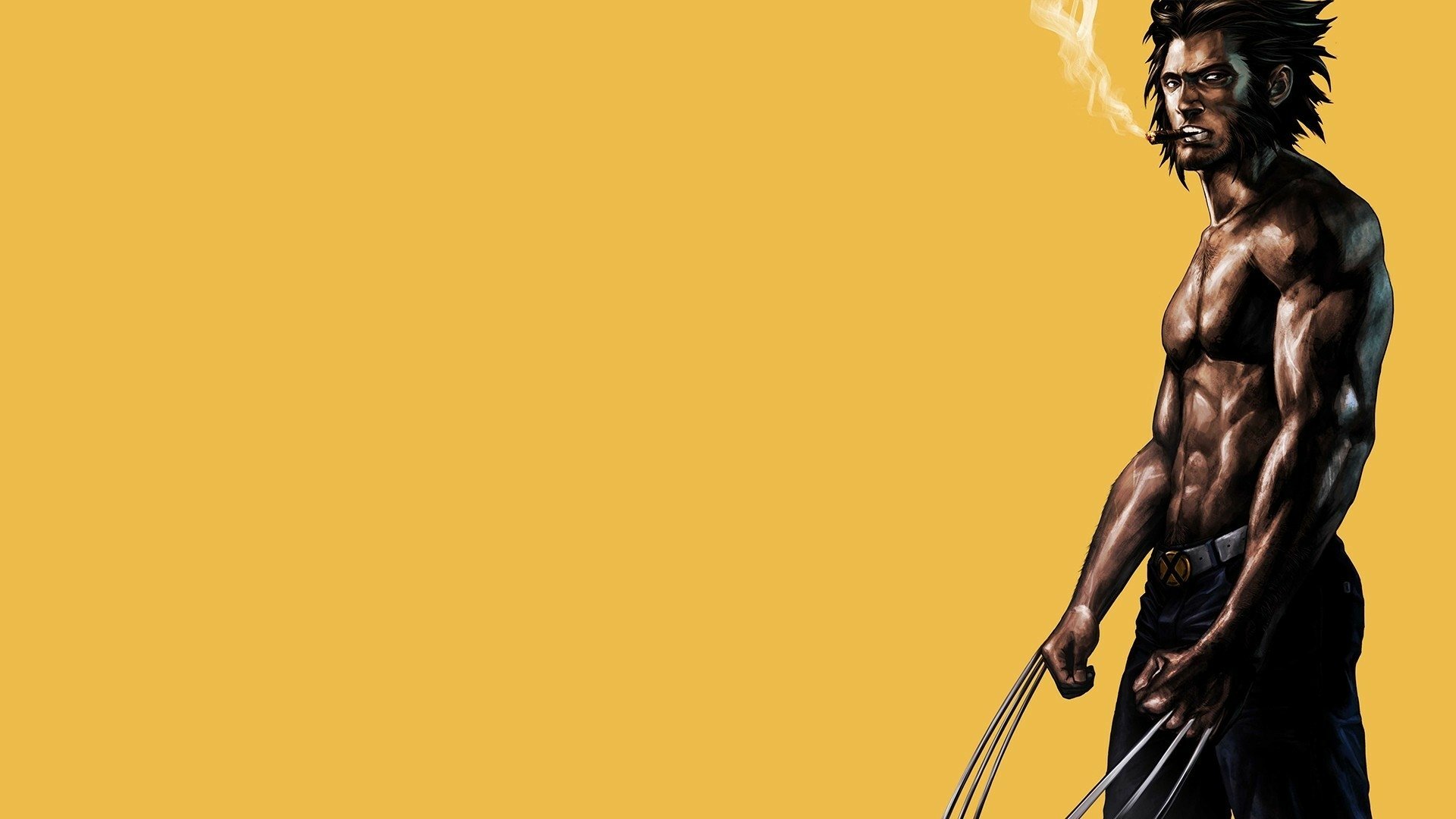 HD comic-style X-Men wallpaper: Wolverine shirtless at right, claws extended, muscular silhouette against a bold yellow desktop background.