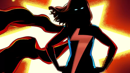 Comic HD PC desktop wallpaper of Ms. Marvel silhouette with glowing eyes, lightning-bolt emblem and flowing scarf set against a dramatic radiant starburst background.