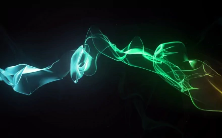 Abstract HD desktop wallpaper featuring colorful swirls of smoke in blue, green, and yellow hues against a dark background.