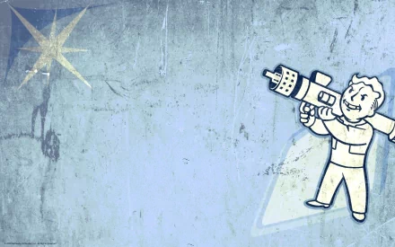 A vibrant HD desktop wallpaper featuring a character from the video game Fallout, holding a futuristic weapon against a textured blue background with a star motif.