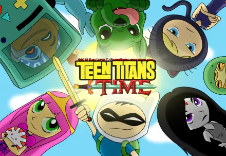 HD wallpaper featuring a crossover of Teen Titans Go! characters styled as Adventure Time, with Cyborg, Beast Boy, Starfire, Robin, and Terra.