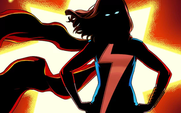 Comic HD PC desktop wallpaper of Ms. Marvel silhouette with glowing eyes, lightning-bolt emblem and flowing scarf set against a dramatic radiant starburst background.