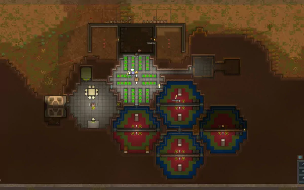 HD RimWorld game wallpaper featuring a top-down view of a colony layout with structures and farmland.