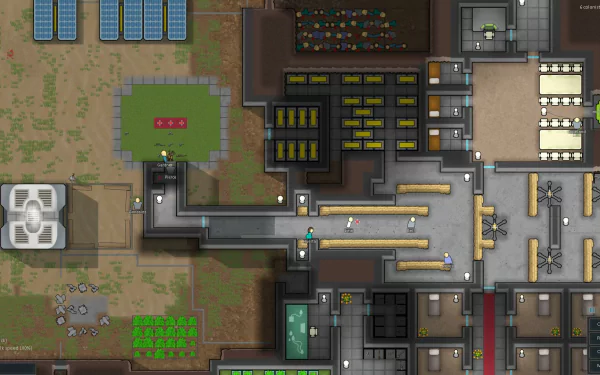 HD desktop wallpaper of a RimWorld game base featuring structures, crops, and a solar panel array.