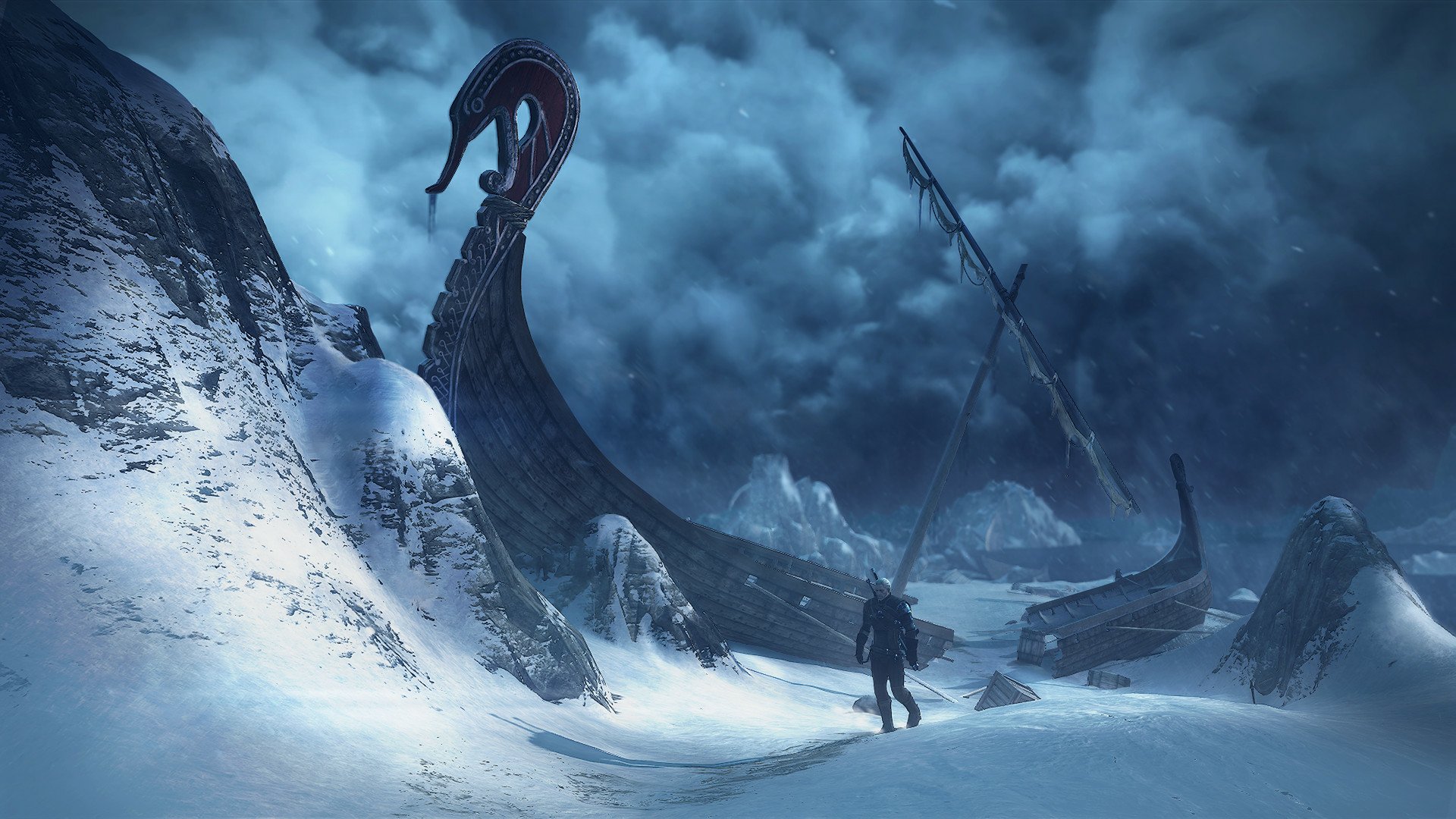 A dramatic HD wallpaper from The Witcher 3: Wild Hunt, featuring a solitary figure against a snowy landscape and a striking serpent-like creature amidst stormy skies.
