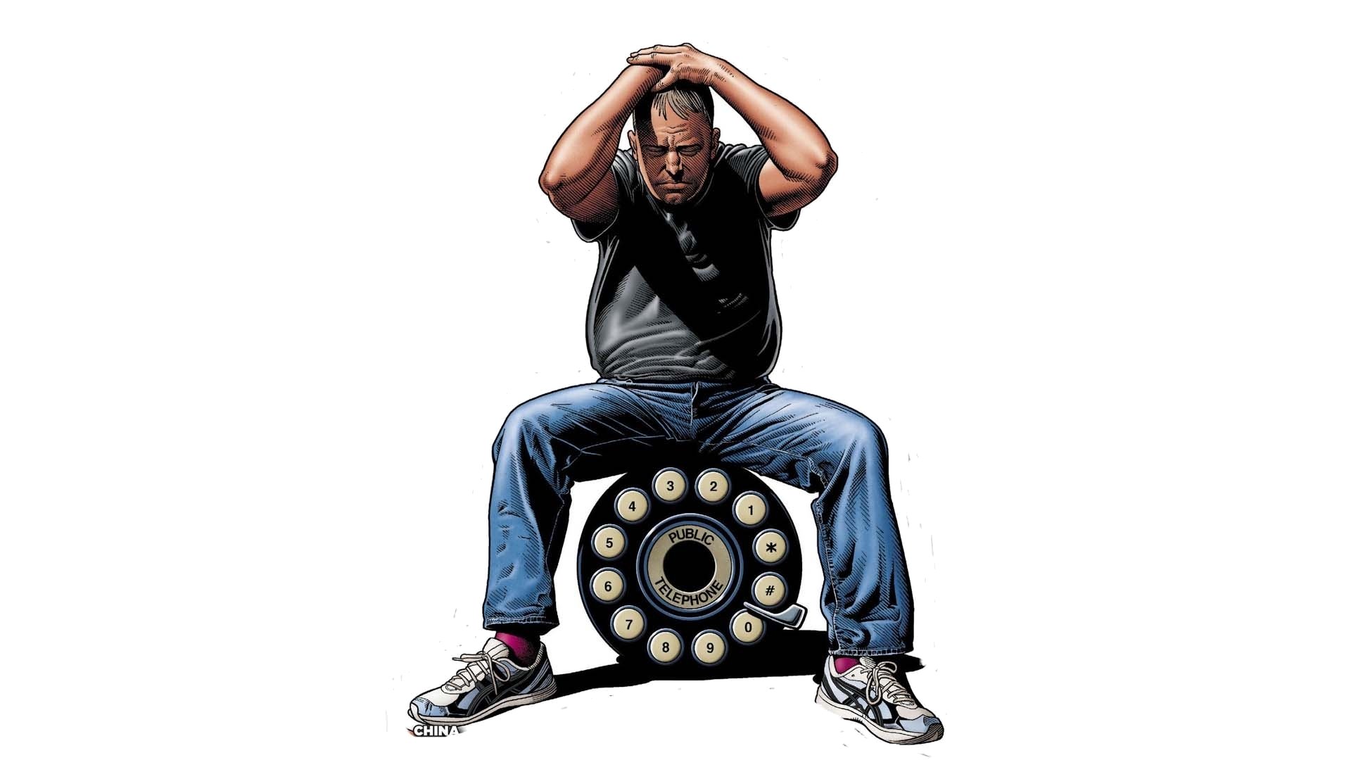 HD PC desktop wallpaper featuring a comic-style illustration from Dial H, showing a man sitting on a large rotary phone dial against a white background.