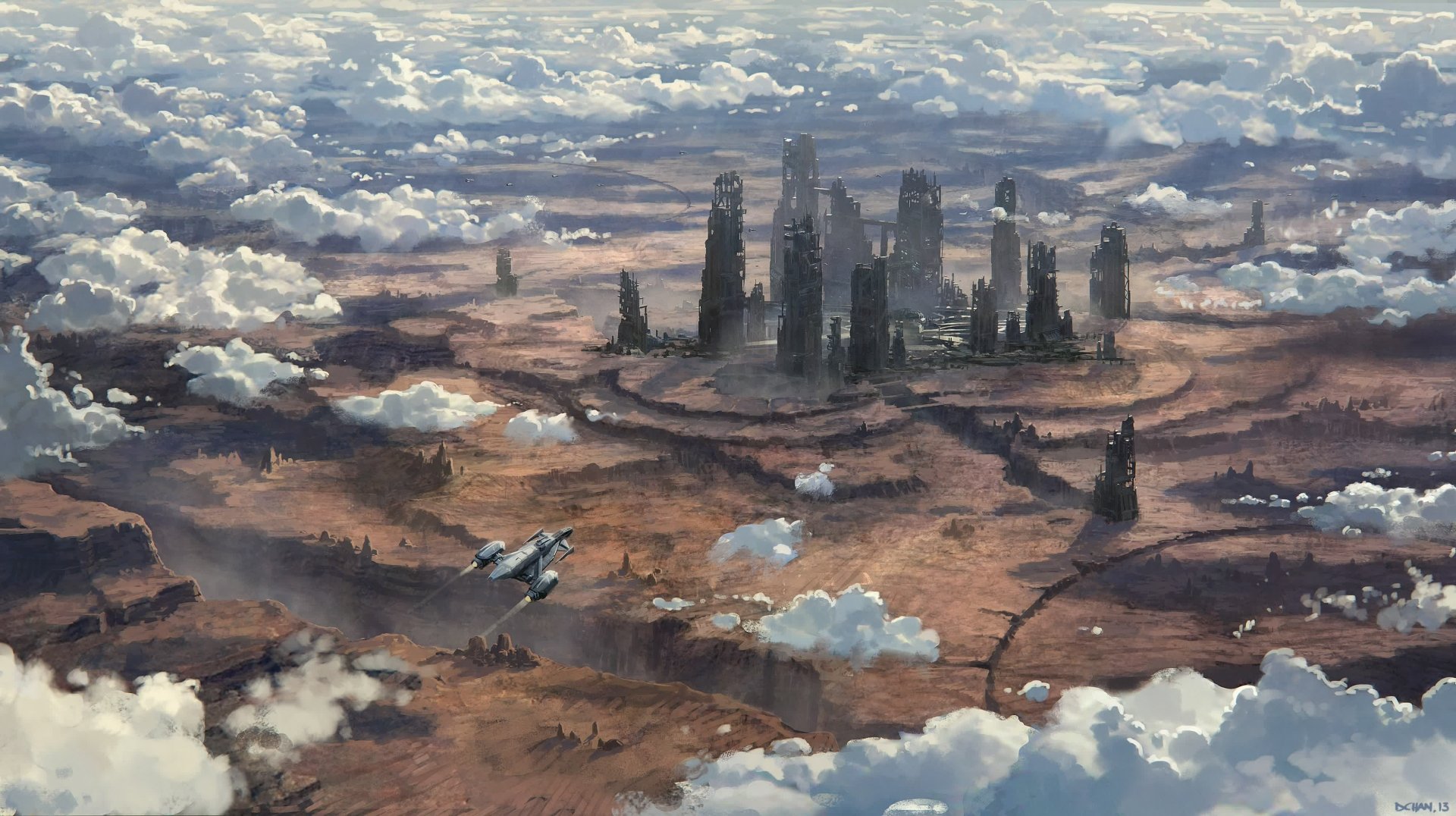 4K Ultra HD Star Citizen PC wallpaper depicting a detailed futuristic cityscape surrounded by clouds and rugged terrain with a flying spacecraft overhead.