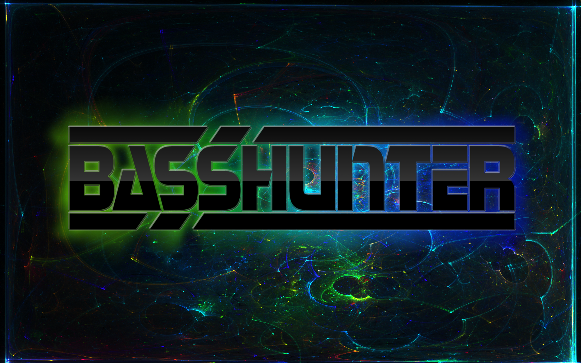 HD desktop wallpaper featuring the stylized word BASSHUNTER with a vibrant, abstract background.