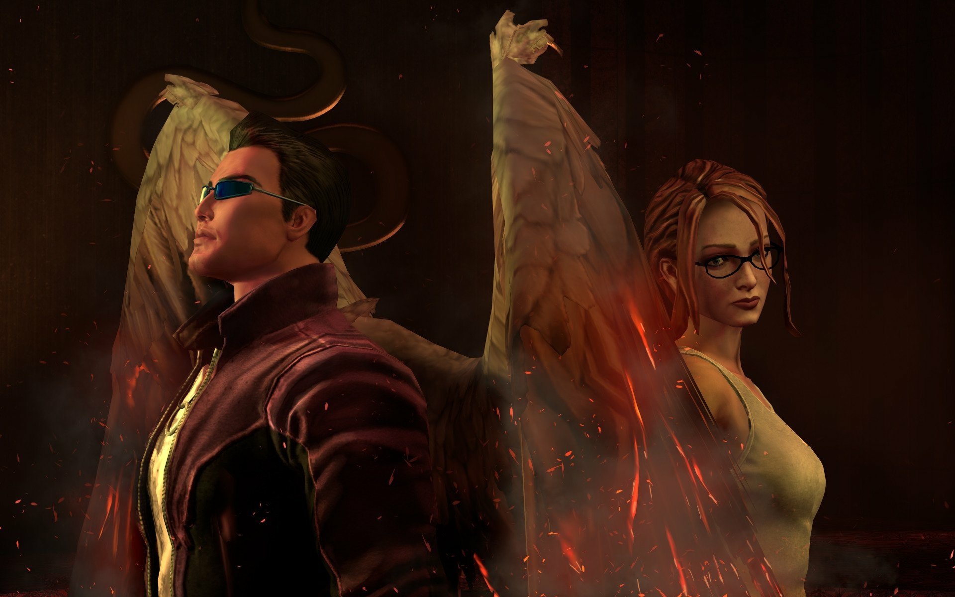HD desktop wallpaper from the video game Saints Row: Gat Out Of Hell, featuring two characters with wings and a dark, fiery background.