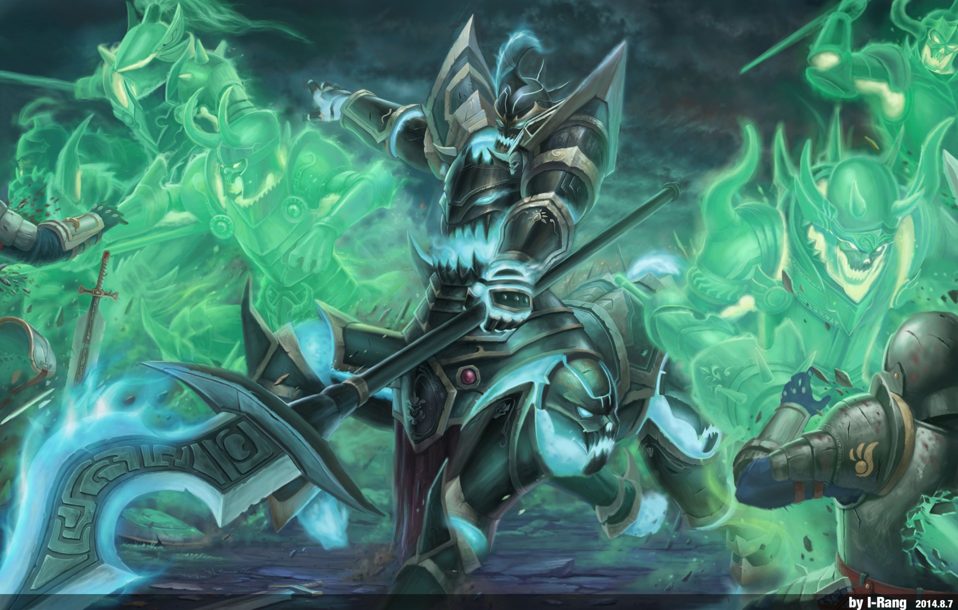 Hecarim from League of Legends charges forward in a dynamic, action-packed scene, surrounded by ghostly apparitions, set as a stunning HD desktop wallpaper.