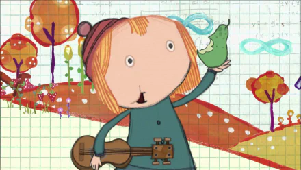 HD desktop wallpaper and background from Peg + Cat, featuring the character Peg holding a green pear with a violin at her side.