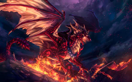 HD desktop wallpaper featuring a fierce, fiery dragon in a dark, fantastical setting, with flames engulfing the ground beneath its wings.