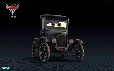 HD PC desktop wallpaper/background from the movie Cars 2: Lizzie, a vintage black Model T–style car with expressive eyes, centered on a dark textured backdrop.