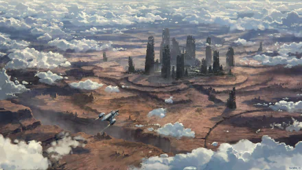 4K Ultra HD Star Citizen PC wallpaper depicting a detailed futuristic cityscape surrounded by clouds and rugged terrain with a flying spacecraft overhead.