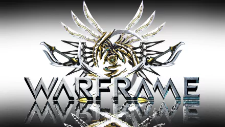 HD desktop wallpaper featuring the Warframe logo, characterized by intricate designs and reflective elements, capturing the essence of the popular video game.