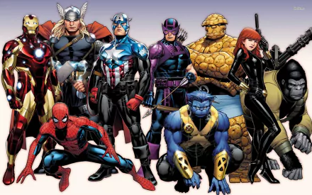A vibrant HD wallpaper featuring iconic Marvel characters: Spider-Man, Iron Man, Thor, Captain America, Black Widow, Hawkeye, Thing, and Beast, showcasing the Avengers' legacy.
