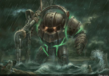 HD wallpaper of Nautilus from League of Legends, emerging ominously from stormy seas in Bilgewater, with glowing eyes and green energy, capturing an intense and eerie atmosphere.
