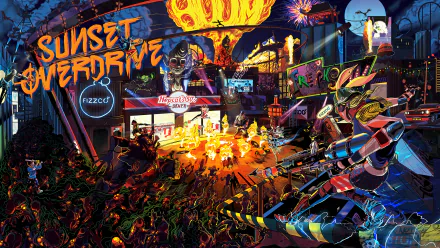 Vibrant HD wallpaper from *Sunset Overdrive*, featuring a lively urban scene with colorful characters and explosive graphics, capturing the game's energetic and chaotic atmosphere.