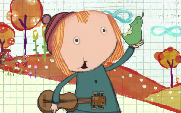 HD desktop wallpaper and background from Peg + Cat, featuring the character Peg holding a green pear with a violin at her side.