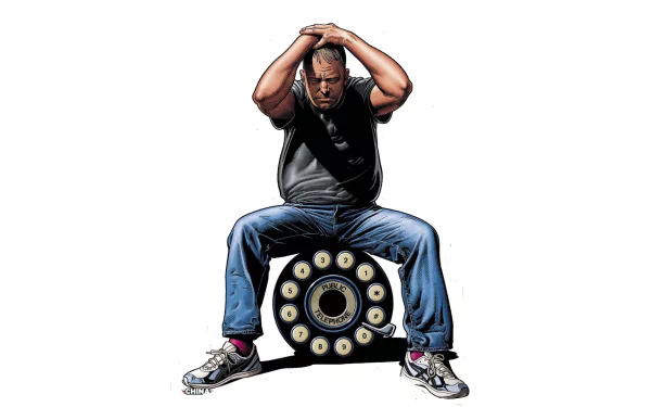 HD PC desktop wallpaper featuring a comic-style illustration from Dial H, showing a man sitting on a large rotary phone dial against a white background.