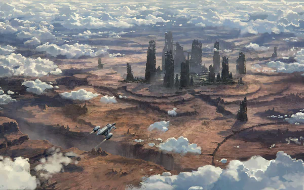 4K Ultra HD Star Citizen PC wallpaper depicting a detailed futuristic cityscape surrounded by clouds and rugged terrain with a flying spacecraft overhead.