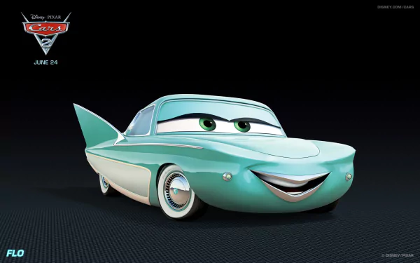 A vibrant HD desktop wallpaper featuring Flo, the charming character from Disney's *Cars 2*, showcasing her iconic design and smiling expression against a sleek background.