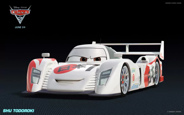 HD PC desktop wallpaper featuring Shu Todoroki, a sleek race car from the movie Cars 2, set against a dark background with the film's logo and release date.