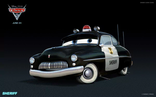 An HD desktop wallpaper featuring Sheriff, a character from the movie Cars 2, showcasing his distinctive black and white police car design with a siren on top.