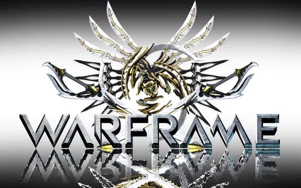 HD desktop wallpaper featuring the Warframe logo, characterized by intricate designs and reflective elements, capturing the essence of the popular video game.