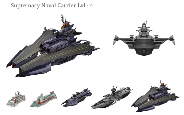 HD wallpaper of Supremacy Naval Carrier Level 4 from Civilization: Beyond Earth game, showcasing multiple angles and design iterations.