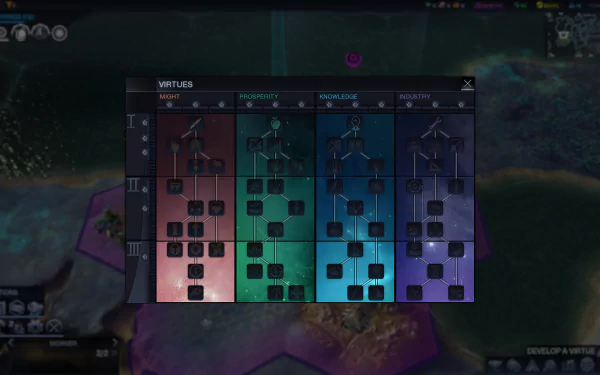 HD desktop wallpaper from Civilization: Beyond Earth featuring an in-game screenshot with the Virtues interface.