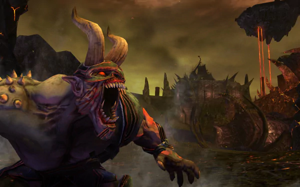 HD PC desktop wallpaper featuring a demonic creature from the video game Saints Row: Gat Out Of Hell in a fiery, hellish landscape.