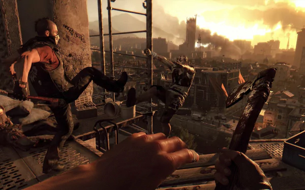 HD PC desktop wallpaper featuring intense combat from the video game Dying Light, set against a dramatic, sunlit urban skyline.