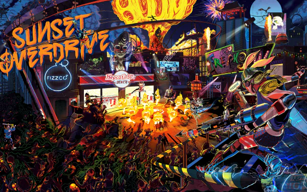 Vibrant HD wallpaper from *Sunset Overdrive*, featuring a lively urban scene with colorful characters and explosive graphics, capturing the game's energetic and chaotic atmosphere.