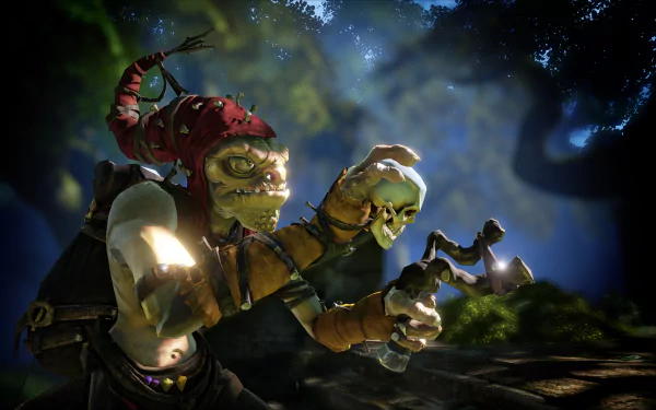 Video game Fable Legends 5K Ultra HD PC desktop wallpaper and background: two goblin-like rogues in a moonlit forest, one holding a skull and a crude slingshot.