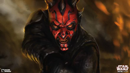 Darth Maul, a fierce Sith from Star Wars, is depicted in this striking HD comic-style wallpaper, capturing his menacing expression and iconic look.