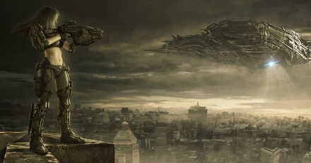 A woman warrior in body armor aims a rifle over a futuristic cityscape as a large spaceship hovers in the stormy sky, blending sci-fi and girls & guns themes in HD.